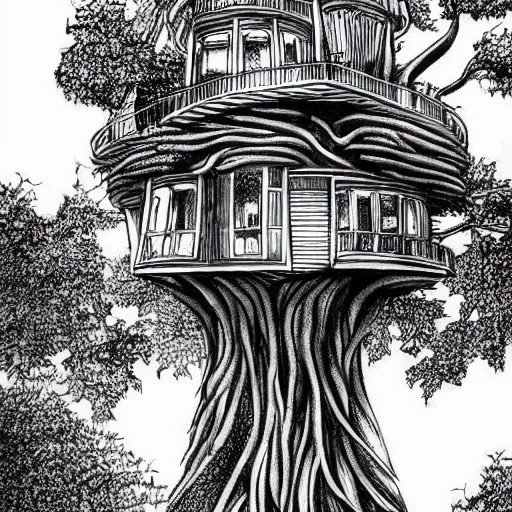 Image similar to futuristic tree house in a city detailed drawing