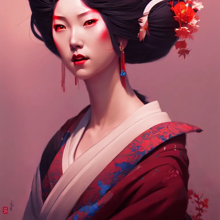Image similar to a pretty geisha, d & d digital painting, ultra realistic, beautiful, rim lighting, cell shading, by james jean, greg rutkowski, wlop