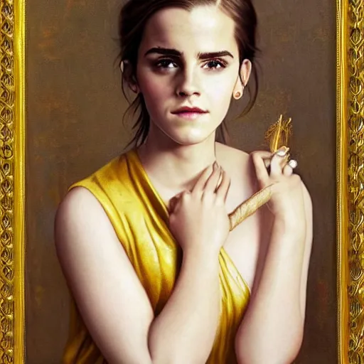 Prompt: beautiful golden portrait of emma watson, neoclassical art