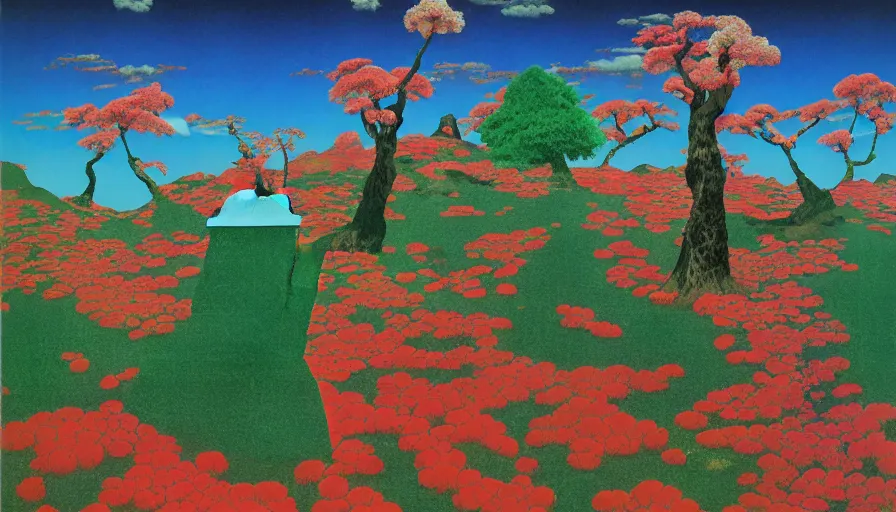 Image similar to Japan rural splendor travel and tourism c2050, surrealist psychedelic collage painting in the style of Magritte, Roger Dean, Yoshio Awazu, vivid color