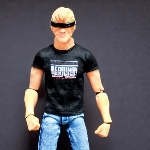 Image similar to action figure of a skinny blonde male wrestler wearing a black vr headset and wearing a t - shirt and jeans, high detail, realistic,