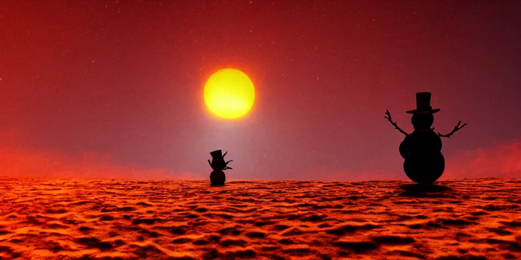 Image similar to a snowman standing on top of the sun. the ground is made entirely of fire and is glowing orange. cinematic, dramatic, epic, volumetric lighting, atmospheric, red, orange extremely coherent, 8 k, space