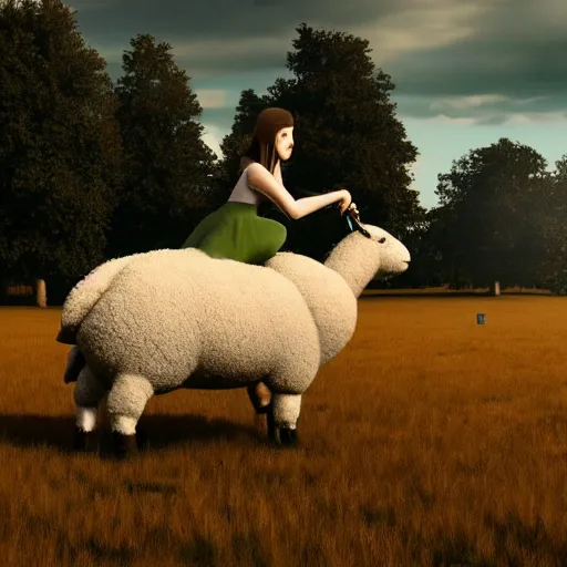 Image similar to girl riding a giant sheep in a field, trending on artstation