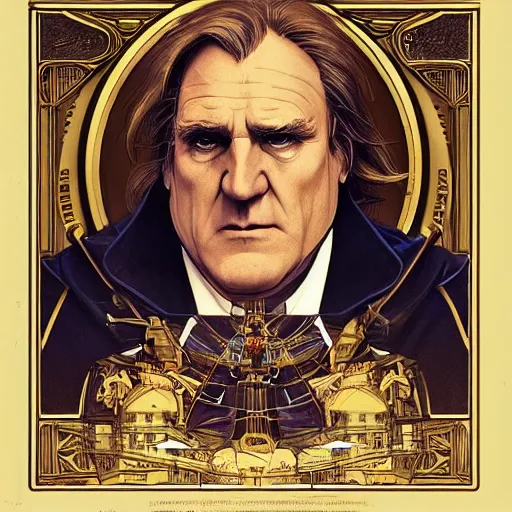 Prompt: [robot Depardieu as president of France! as GTA character, mystic hermit, closeup, D&D, intricate, elegant, highly detailed, digital painting, artstation, concept art, matte, sharp focus, illustration, art by Artgerm and Greg Rutkowski and Alphonse Mucha]