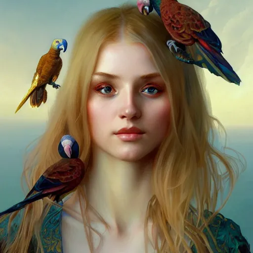 Image similar to portrait of a young blonde girl with a parrot, upper body, long hair, intricate, elegant, highly detailed, digital painting, artstation, concept art, matte, sharp focus, illustration, art by artgerm and greg rutkowski and alphonse mucha