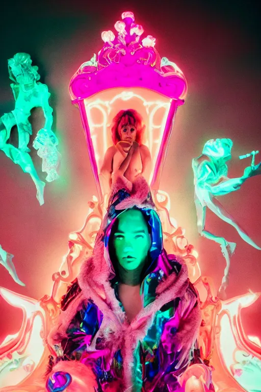 Image similar to photo of fullbody rococo and cyberpunk delicate neon crystalline sculpture of seductive muscular onyx albino marble prince joe jonas teal iridescent humanoid deity wearing hotpink plastic hooded cloak holding an onyx skull in a ruby space dungeon, reclining, glowing orange face, crown of white skulls, cinematic lighting, photorealistic, octane render 8 k depth of field 3 d