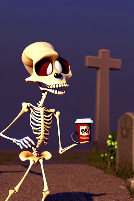 Image similar to a funny skeleton character with big eyes holding a cup of coffee on a cemetery at night. pixar disney 4 k 3 d render movie oscar winning trending on artstation and behance. ratatouille style.