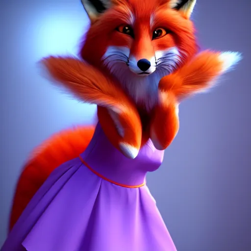 Image similar to majestic art of purple orange red furred anthropomorphic female furry fox wearing a maid dress, 8k resolution, high detail, ULTRA REALISTIC VFX, reflections, post processing
