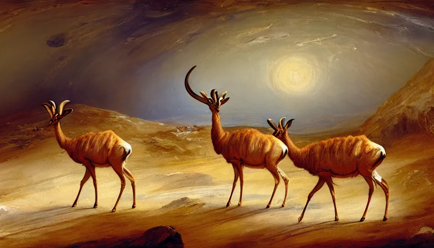 Image similar to highly detailed painting of antelopes on the surface of the moon by william turner, thick brush strokes and visible paint layers, 4 k resolution