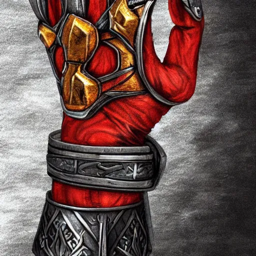 Prompt: warrior Gauntlet fist, war theme gauntlet fist, fantasy gauntlet of warrior, armored gauntlet fingers, fiery coloring, epic fantasy style art, fantasy epic digital art, epic fantasy weapon art