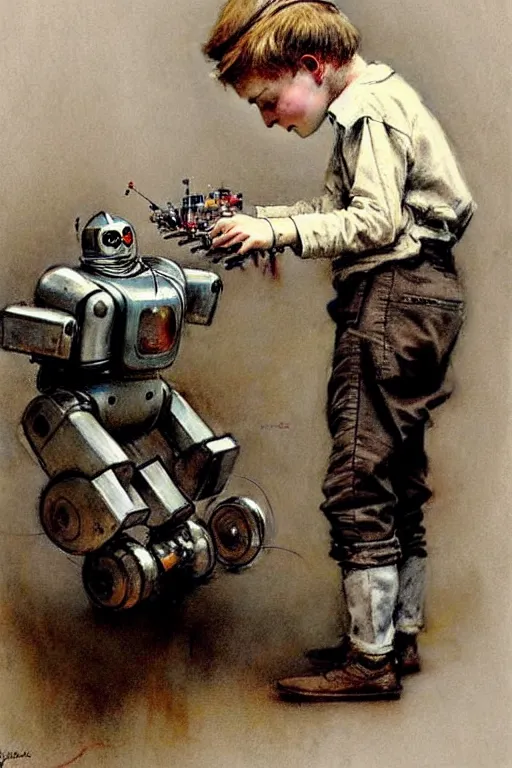 Prompt: ( ( ( ( ( 1 9 5 0 s a boy working on his robot. muted colors. ) ) ) ) ) by jean - baptiste monge!!!!!!!!!!!!!!!!!!!!!!!!!!!