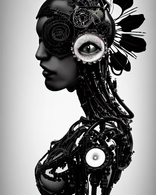 Image similar to black and white dreamy foggy profile face portrait, one steampunk eye biomechanical beautiful young female cyclope - cyborg - robot bust, body ribs meshes,, volumetric light, hibiscus flowers, by hg giger, rim light, by dora maar and cecile beaton, big gothic fashion pearl embroidered collar, 8 k