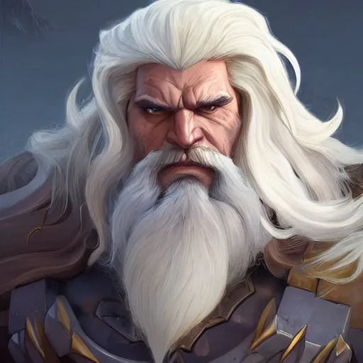 Prompt: high fantasy character portrait of a huge muscular tall giant Reinhardt from Overwatch, long white hair and beard, intricate, wild, highly detailed, digital painting, artstation, upper body, concept art, smooth, sharp focus, illustration, art by artgerm and greg rutkowski and alphonse mucha
