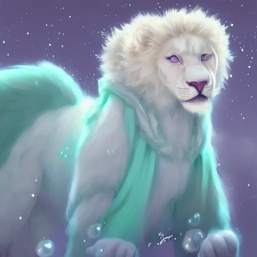 Image similar to aesthetic portrait commission of a albino male furry anthro lion cub popping floating bubbles while wearing a cute mint colored cozy soft pastel winter outfit, winter Atmosphere. Character design by charlie bowater, ross tran, artgerm, and makoto shinkai, detailed, inked, western comic book art, 2021 award winning painting