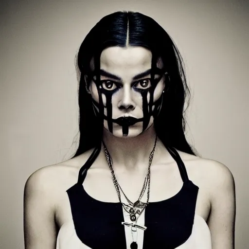 Prompt: a masterpiece portrait photo of a beautiful young woman who looks like a goth margot robbie, symmetrical face