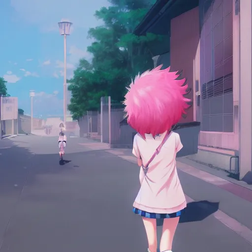 Image similar to anime schoolgirl with pink hair walking down a japanese street, digital painting, 4k, anime key visual, artstation, kuvshinov ilya