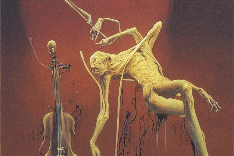 Image similar to cosmic horrifying artwork of a demonic painting of a skinny living corpse playing the violin by zdzisław beksinski