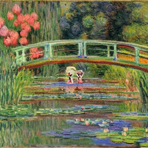 Image similar to in the style of Monet, a boy is Looking at the lotus in the lake,very high details, facial details