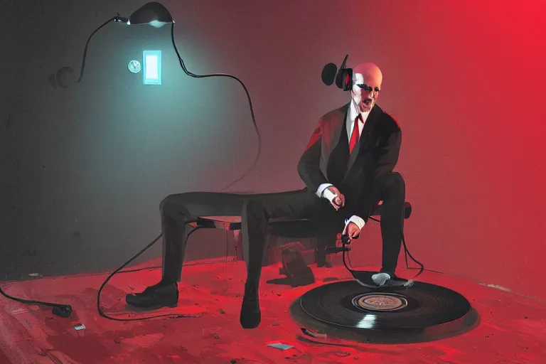 Image similar to an expressive portrait of agent 4 7 from hitman wearing headphones and laying on a floor of vinyl records, dark background, red rim light, digital art, artstation, concept art by giger stalenhag