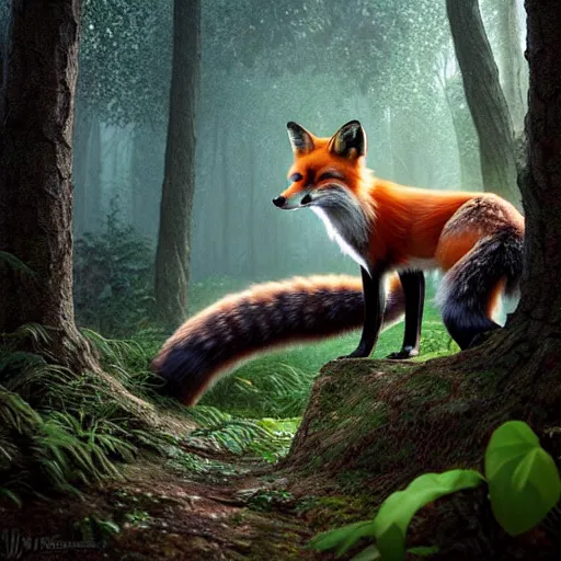 Prompt: fox in a forest with a snakeskin tail, ultra realistic, concept art, intricate details, eerie, highly detailed, photorealistic, octane render, 8k, unreal engine, art by artgerm and Blaz Porenta