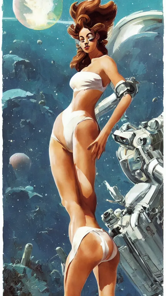 Image similar to A mixed media portrait painting of a beautiful blonde brunette woman exploring an alien planet, very curvy, aesthetic! high-waisted white-bikini-armor and boots, holding raygun, aesthetic symmetrical face and eyes, model, Scandinavian, wet, discarded mechsuit in background, by Frank Frazetta, Boris Vallejo, Beeple, Greg Rutkowski, Christian MacNevin, eighties-pinup style, epic fantasy character art, high fantasy, CGsociety, exquisite detail, post-processing, masterpiece, cinematic