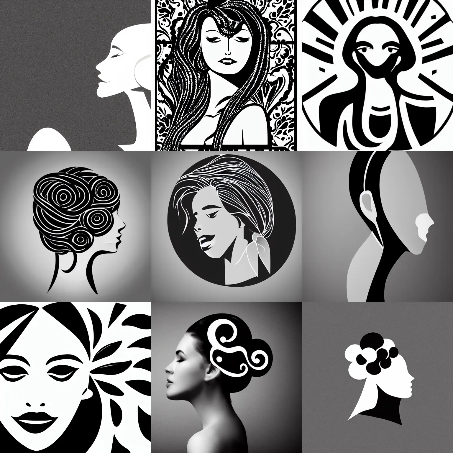 Prompt: black and white logo of woman head and shoulders and hair, central composition, elegant, simple, by bryan lee o'malley