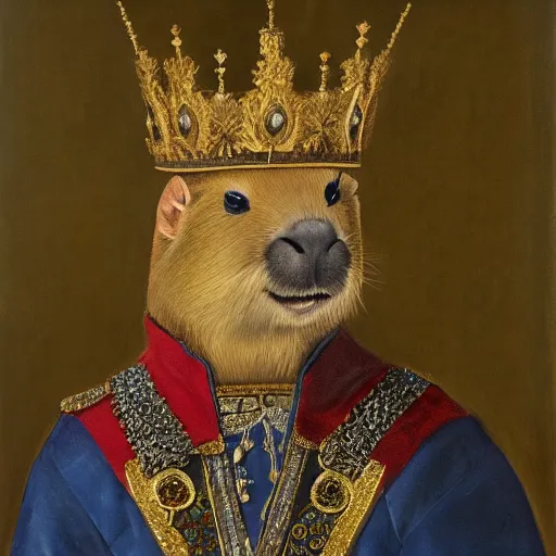 Prompt: an oil painting portrait of a capybara wearing medieval royal robes and an ornate crown on a dark background