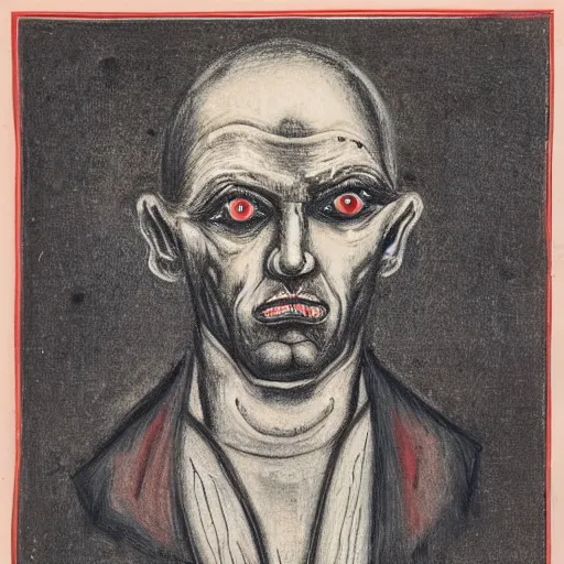 Image similar to portrait of alexander abdulov, with a red eyes, satanic body, head of old man, in blood of sinners, hellish style