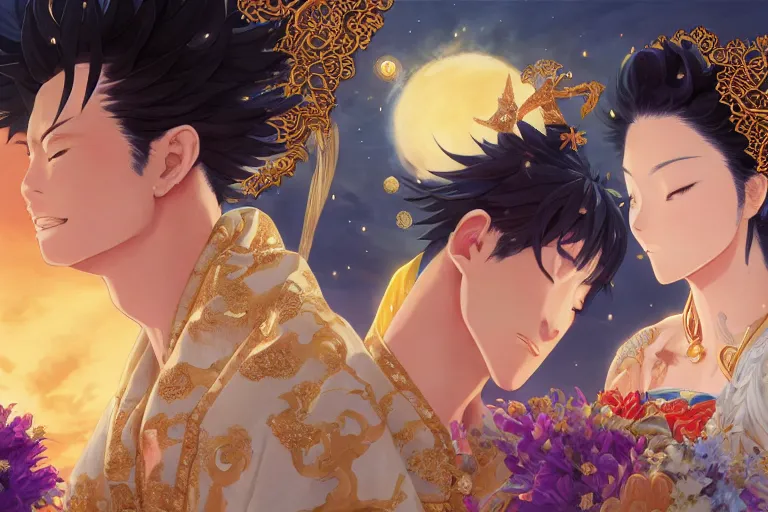 Image similar to close up moment of a divine a japan sun god and a moon goddess lovers magician at a wedding banquet, highly detailed, genshin, fantasy, 4 k realistic, digital painting, trending on artstation, concept art, sharp focus, illustration, art by makoto shinkai and akihiko yoshida and daniel gerhartz