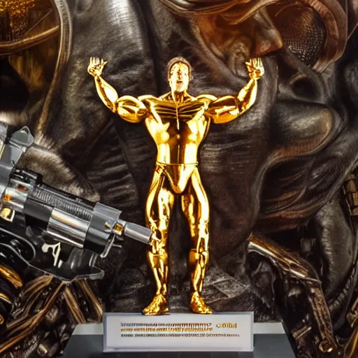 Image similar to Golden Arnold Schwarzenegger's Terminator Statue, mountain, Photography, Golden Hour, Wide Angle, Lens Flare, 3D, 4k, Adobe RGB, Angelic, Sunlight, Liquid Metal, insanely detailed and intricate, hypermaximalist, elegant, ornate, hyper realistic, super detailed,