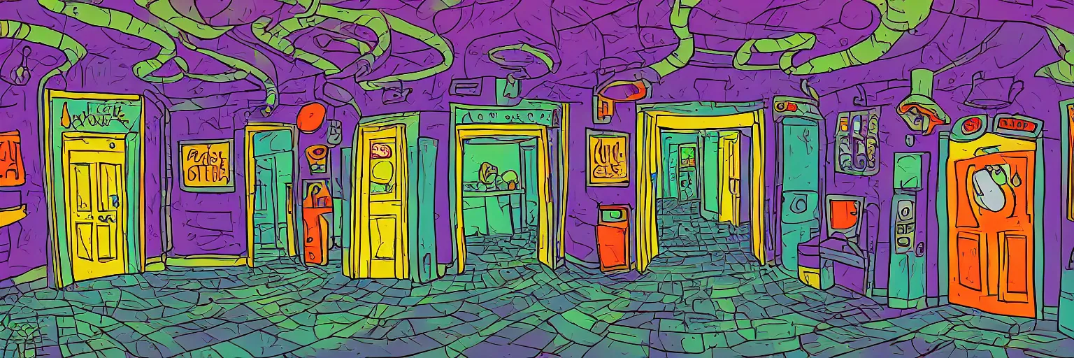 Prompt: theatre access corridor background, 3 doors, fish eye, day of the tentacle, color, vibrant, flat style