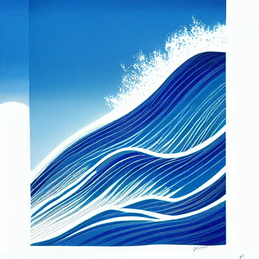 Image similar to waves crashing on the shore, shades of blue, by eyvind earle