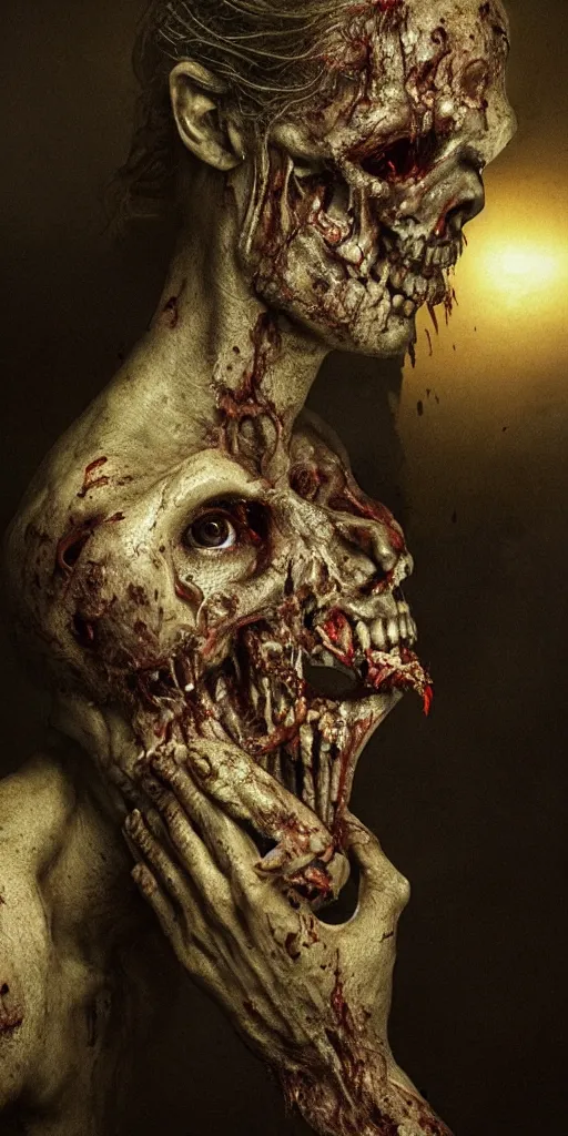 Image similar to zombie with missing skin only skull fog behind him, beautiful detailed intricate insanely detailed octane render, 8k artistic photography, photorealistic, chiaroscuro, by David Cronenberg, Raphael, Caravaggio