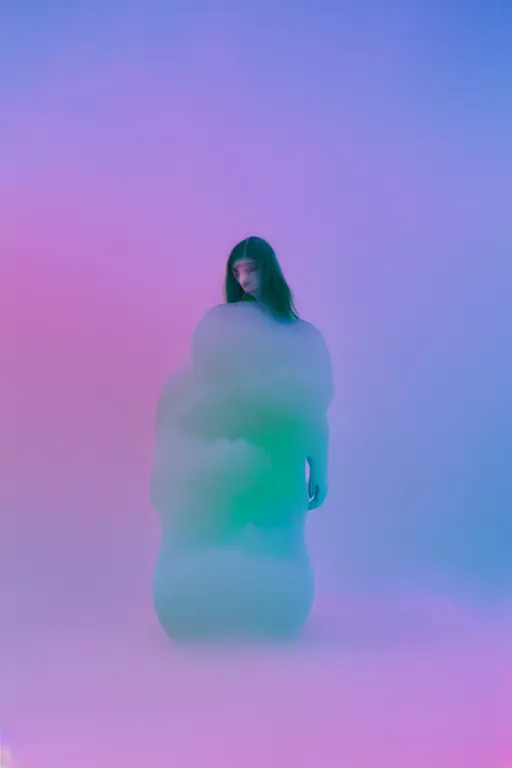 Image similar to high quality pastel coloured film close up wide angle photograph of a model wearing clothing swimming on cloud furniture in a icelandic black rock!! environment in a partially haze filled dreamstate world. three point light, rainbow. photographic production. art directed. pastel colours. volumetric clouds. pastel gradient overlay. waves glitch artefacts. extreme facial clarity. 8 k. filmic.