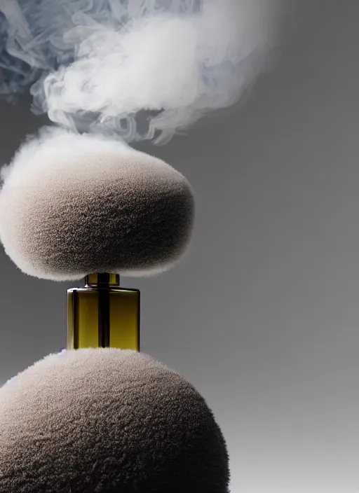 Prompt: perfume bottle standing in the center of an enchanted smokey cloud puff made of daisies, blurred background contoured smooth fair walls, up close shot, sharp focus, global illumination, radiant light, alexandre ferra, irakli nadar, octane highly render, 4 k, ultra hd,