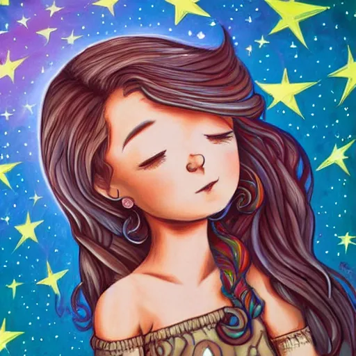 Prompt: Street art. A beautiful illustration of a young girl with long flowing hair, looking up at the stars. She appears to be dreaming or lost in thought. by Tim Shumate, by Carsten Meyerdierks elaborate, precise