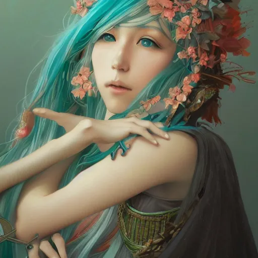 Prompt: a beautiful portrait of hatsune miku as a witch, fantasy, intricate, elegant, highly detailed, digital painting, artstation, concept art, matte, sharp focus, illustration, art by greg rutkowski and alphonse mucha