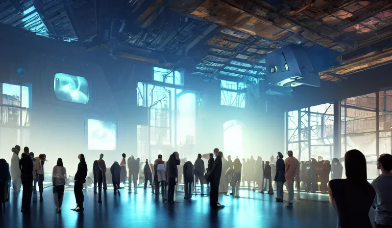 Image similar to crowd of people in blank walled warehouse, looking at hologram of futuristic city on a table, cinematic concept art, godrays, golden hour, natural sunlight, 4 k, clear details, tabletop model buildings, center model buildings, hologram center, crane shot, crane shot, crane shot