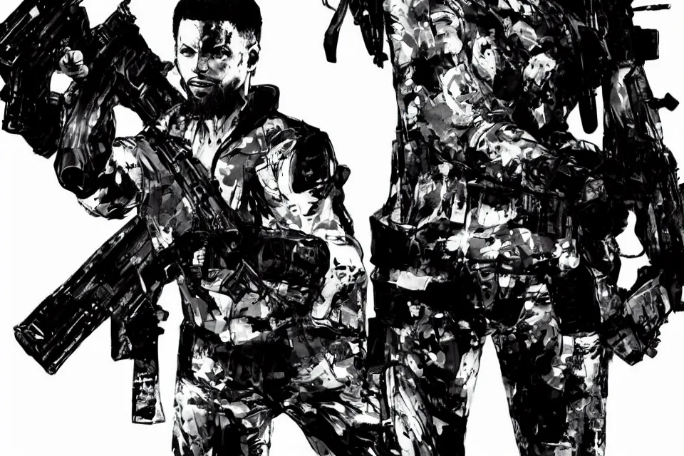 Image similar to a full - body portrait of stephen curry with guns, in yoji shinkawa's art style, metal gear solid art style highly detailed, 4 k, artistic, white background, b & w