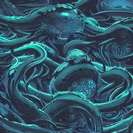 Image similar to “a swarm of dark tentacles underwater, trending on artstation, deep abyss ocean floor, dark navy colored background”