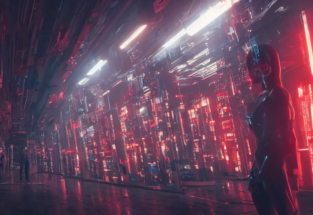 Prompt: shot of film by cyberpunk syle, human like a cyborg hyperrealistic full figure in detailed data center, character design, symmetrical, vivid color, complementary color, golden ratio, detailed, sharp lines, trending on artstation, volumetric lighting, by yoichi hatakenaka, by masamune shirow, by josan gonzales, octane render