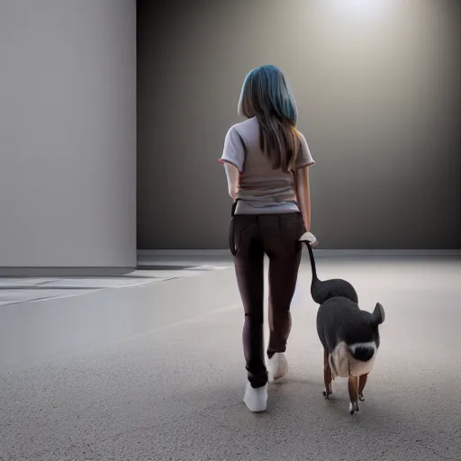 Prompt: Full lenght view contemporary art photography of ultra mega super hyper realistic highly detailed girl walking with a highly realistic dog . Photo on Leica Q2 Camera, Rendered in VRAY and DaVinci Resolve and MAXWELL and LUMION 3D, Volumetric natural light