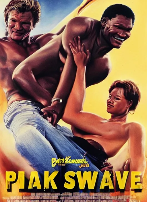 Image similar to Patrick Swayze, Ghanaian movie poster, romantic comedy, waterslide, Ninjas, highly detailed, HD, realism