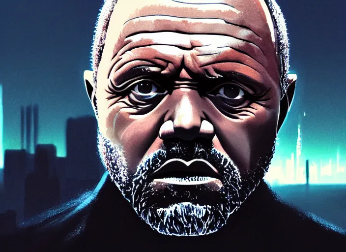 Image similar to a film still portrait of anthony hopkins as kanye west, finely detailed features, closeup of face, cinematic lighting, perfect art, night cyberpunk city, intricate, anime, gapmoe grimdark, artstation, trending on pixiv fanbox, painted by greg rutkowski makoto shinkai takashi takeuchi studio ghibli, akihiko yoshida, 4 k