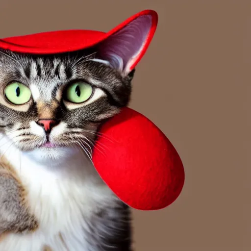 Prompt: Photo of a cat wearing a hat in the shape of a red mushroom