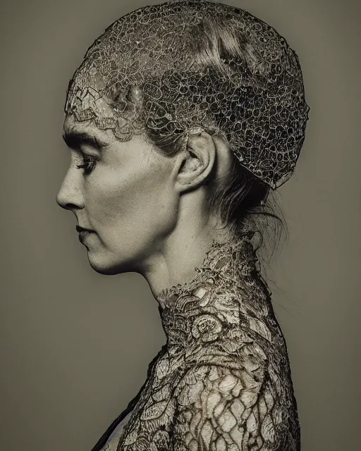 Image similar to a woman's face in profile, made of intricate lace skeleton, in the style of the dutch masters and gregory crewdson, dark and moody