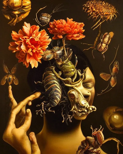 Prompt: refined gorgeous blended oil painting with black background by christian rex van minnen rachel ruysch dali todd schorr chiaroscuro portrait extremely bizarre disturbing mutated man beautiful suit made of still life flowers and rubber insects with shiny skin dutch golden age vanitas intense chiaroscuro cast shadows obscuring features dramatic lighting perfect symmetry perfect composition masterpiece