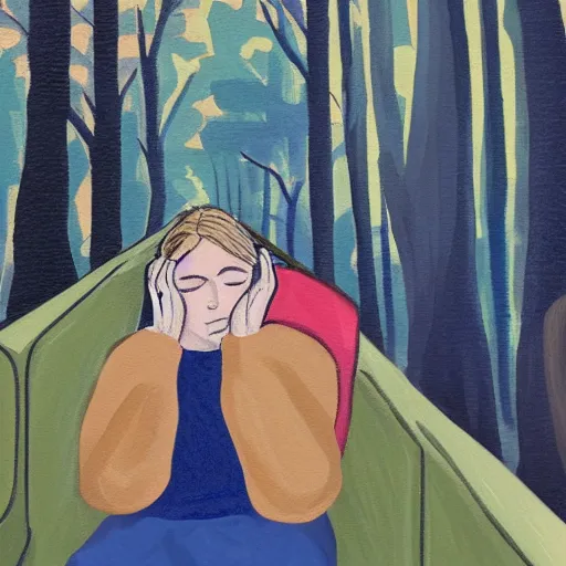 Prompt: painting of a woman who fell asleep during a train ride as it goes through a forest while it rains