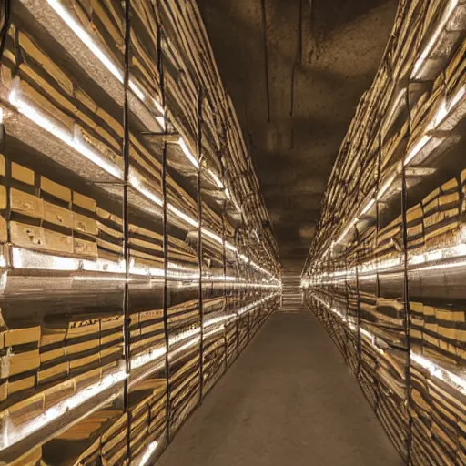 Prompt: archive storage facility with shelves on both sides from floor to ceiling with audio cassettes in a huge underground salt mine with bright lights-n 6