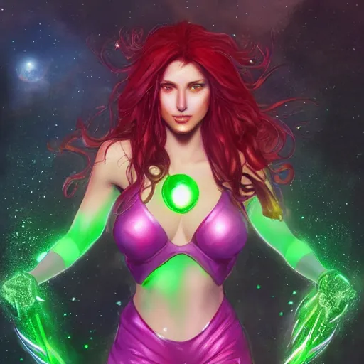 Prompt: ultra realistic illustration, bella thorne as jainway as starfire anime with glowing green eyes, intricate, elegant, highly detailed, digital painting, artstation, concept art, smooth, sharp focus, illustration, art by artgerm and greg rutkowski and alphonse mucha